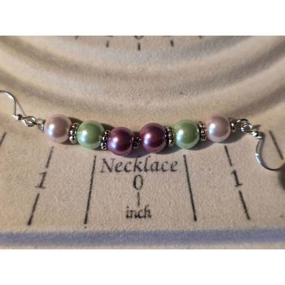 Handmade Dangle Earrings With Pink Green & Purple Faux Pearl Beads - Picture 2 of 2